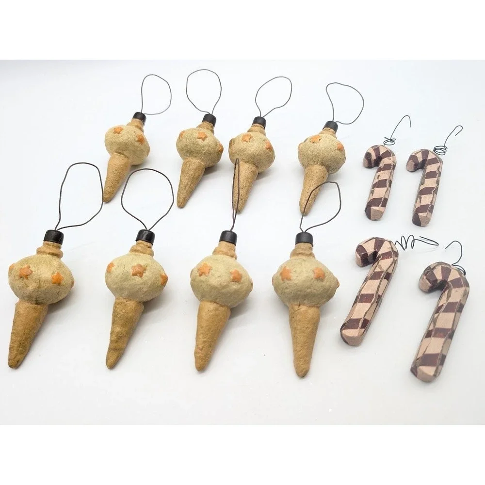13 Lot Primitive Wood Candy Cane & Bauble Christmas Ornaments Rustic Farmhouse
